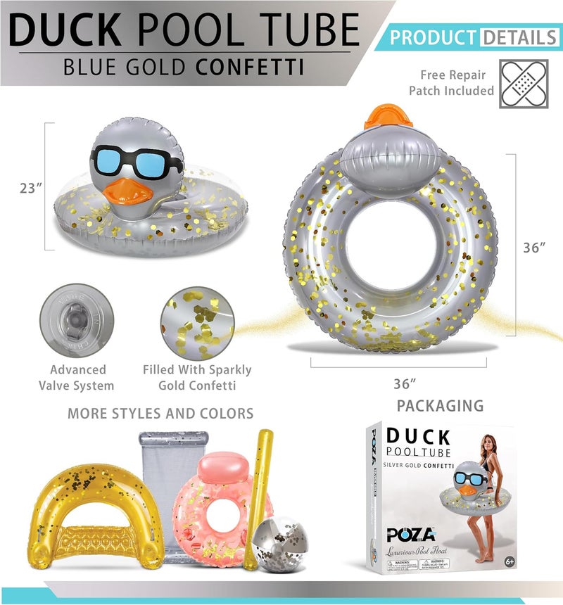 POZA Inflatable Duck Pool Float Tube- Heavy Duty Vinyl UV Resistant Confetti Pool Duck Floatie, Animal Pool Float Swim Ring Pool Inflatables for Kids and Adults for Beach, Party, Vacation - Image 2